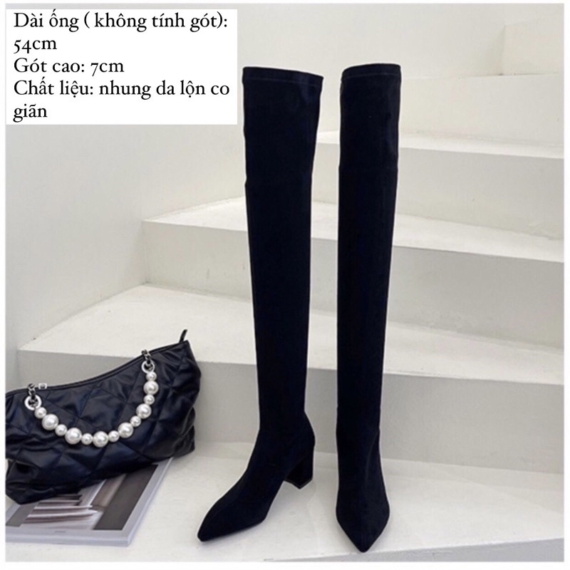Bốt đùi nữ da lộn lót lông mũi nhọn gót vuông cao 7cm có khoá kéo chống tụt