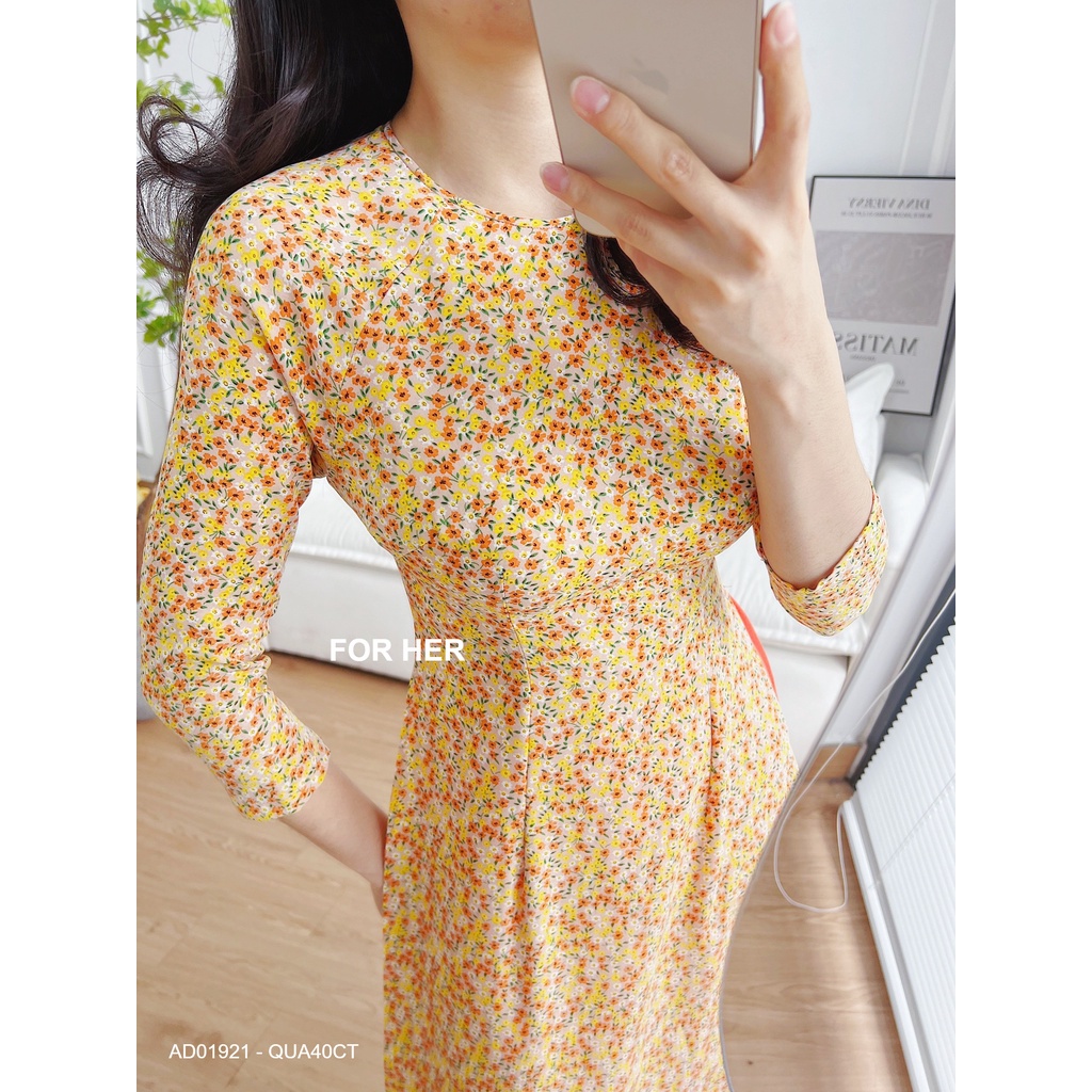 Áo dài Cách tân nữ hoa nhí cổ tròn hoa nhí vàng AD01921