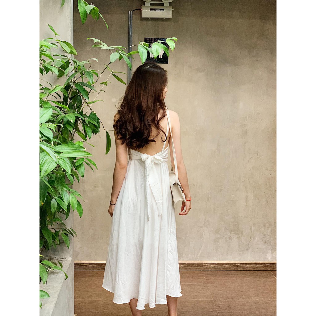 Đầm maxi 2 dây cổ v thắt nơ lưng siêu xinh
