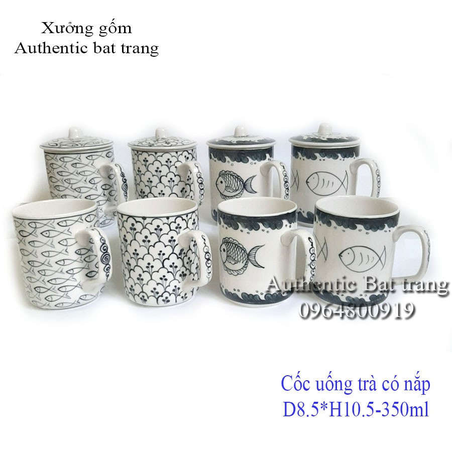 Cốc sứ uống trà có nắp Oanh Gia Authentic Bat Trang - Sản phẩm vẽ tay thủ công 100% dung tích 350ml