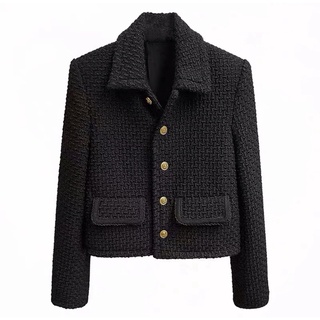 Áo khoác dạ tweed dáng lửng màu đen sang chảnh