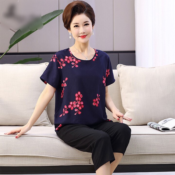 Bộ mặc nhà trung niên cách tân vải cotton lụa, áo ngắn tay quần lửng sang trong lịch sự