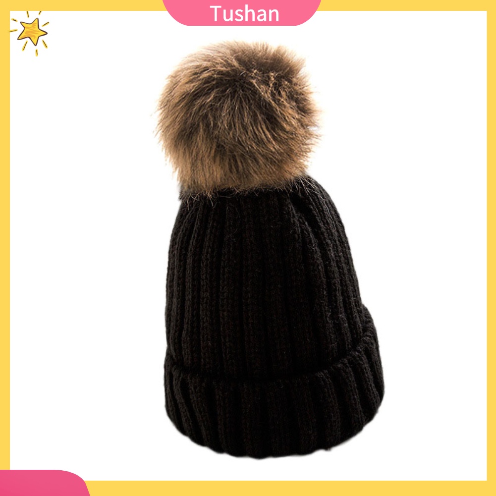 Mũ Beanie Dệt Kim Màu Trơn Đính Quả Cầu Lông Xinh Xắn