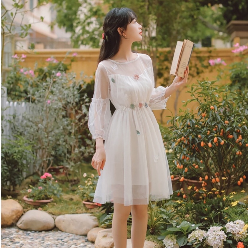 Đầm Ulzzang tiểu thư đính hoa phong cách Hàn Quốc