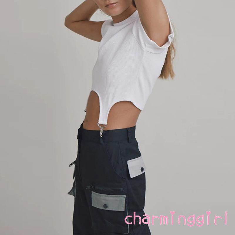 Áo Croptop Dệt Kim Tay Ngắn Dáng Ôm Phối Vòng Kim Loại Thời Trang Quyến Rũ Cho Nữ