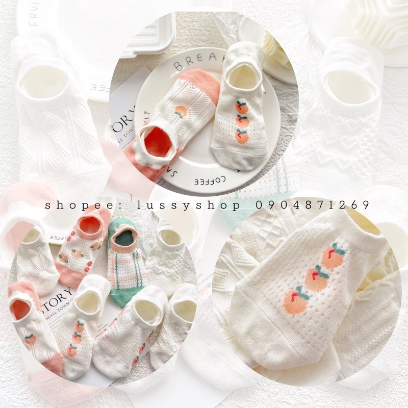 Set Tất Lười Nữ Vintage Chất Cotton Mềm Mịn Vớ Cổ Ngắn Hoạ Tiết Dễ Thương Đế Silicon