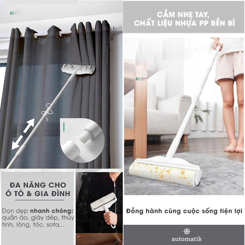 Cây Lăn Bụi Cán Dài Làm Sạch Quần Áo Ga Giường Sofa Sàn Nhà Có Nắp 16cm, 24cm Lăn Lông Tóc Siêu Dính Siêu Tốc Automatik