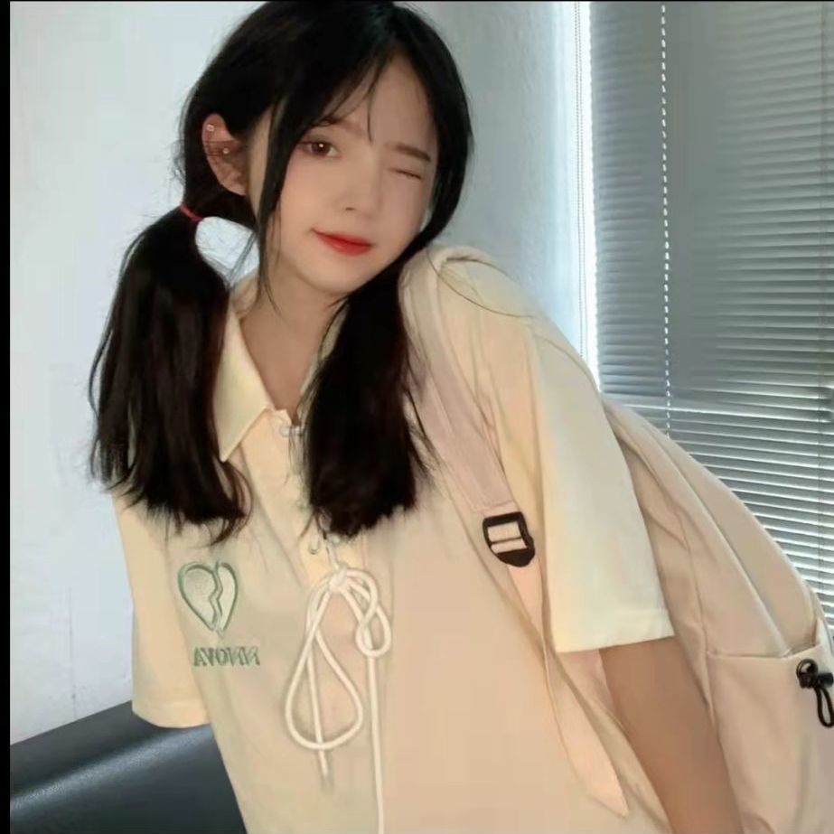 Áo Thun Polo Tay Ngắn Dáng Rộng Có Dây Rút In Hình Trái Tim Vỡ Phong Cách Preppy Ngọt Ngào Dễ Phối Đồ Cho Nam Và Nữ