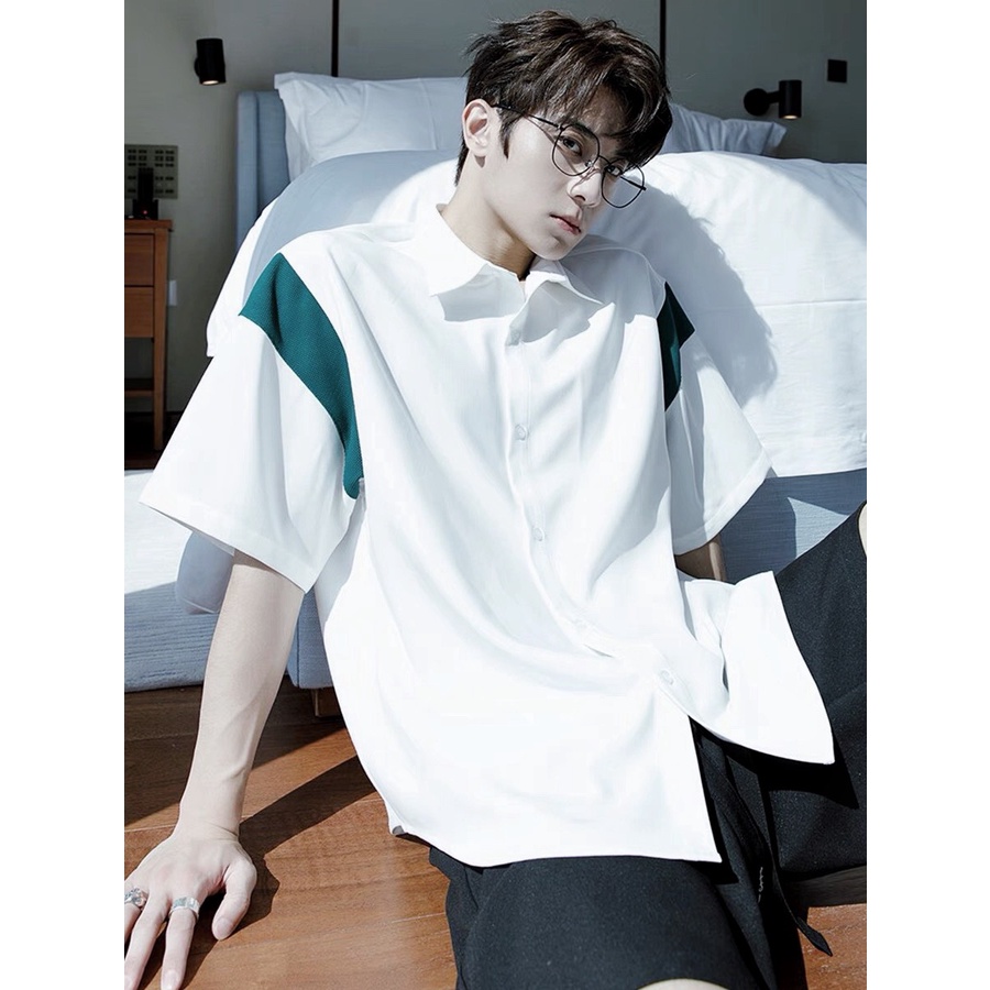 Áo Sơ Mi Trắng Tay Ngắn Phối Màu Xanh/Nâu Nam Premium Unisex Chất Vải Dày Đẹp Hot Trend Mr Smile 99 Shop