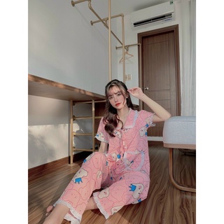 Đồ bộ mặc nhà tiểu thư cổ bèo áo ngắn tay quần dài chất lụa thoáng mát - Shop3nunisex