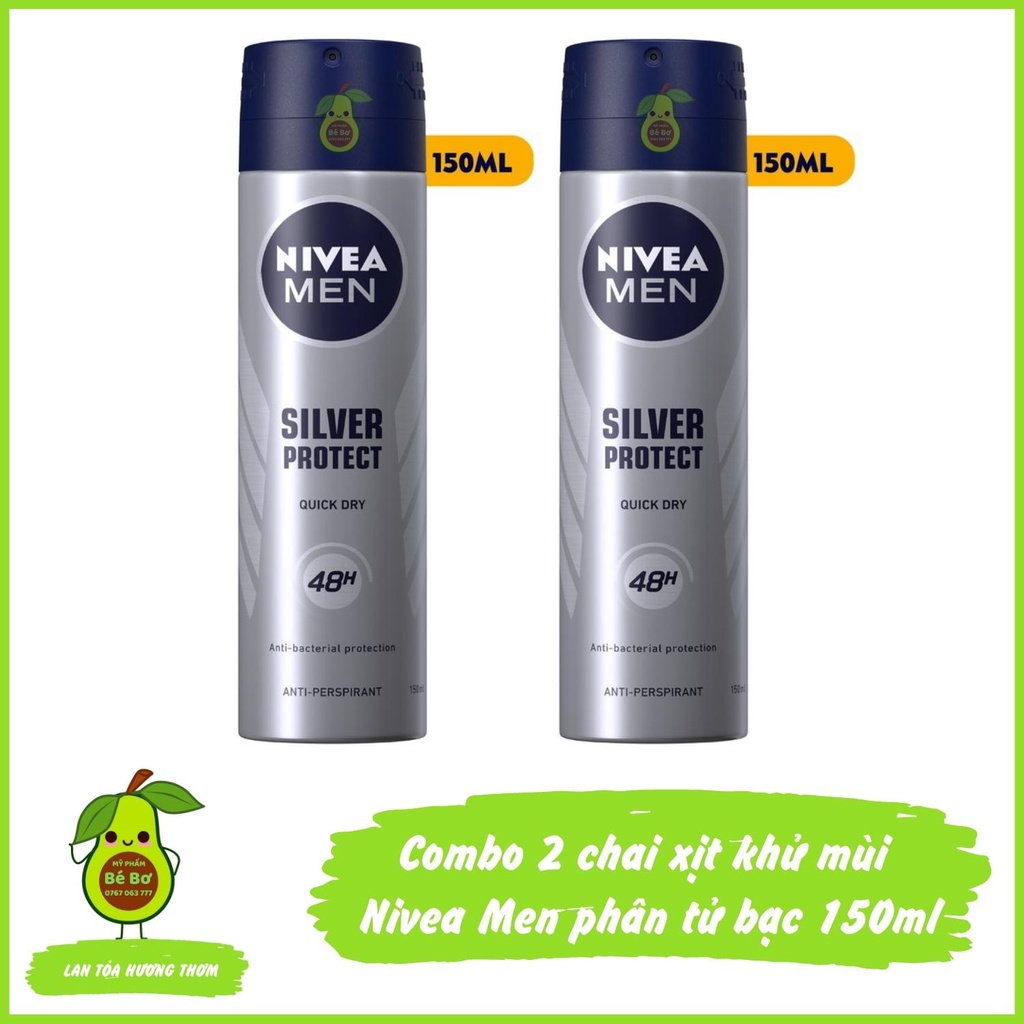 Combo 2 chai xịt khử mùi Nivea Men phân tử bạc 150ml-Xịt silver protect kháng khuẩn ngăn mùi suốt 48h nhập khẩu Thái Lan