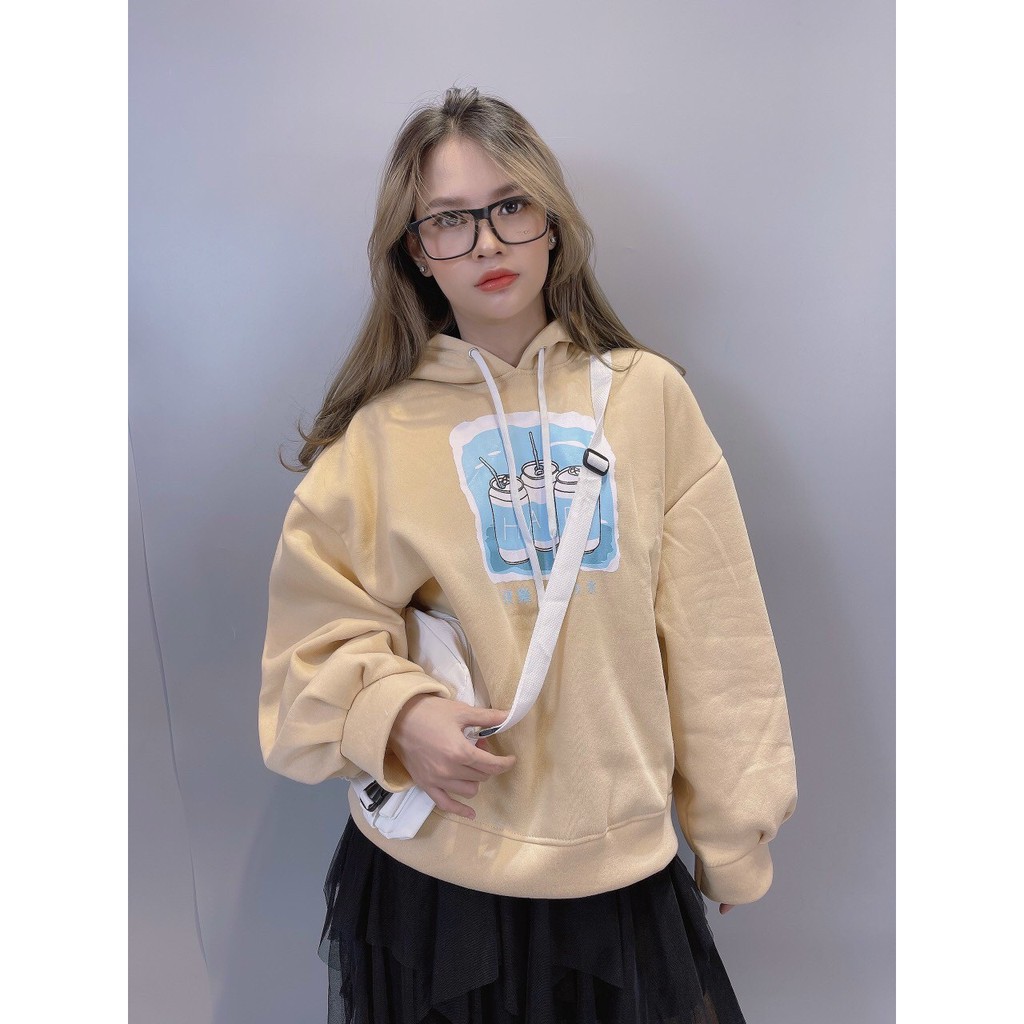 ÁO KHOÁC HOODIE CHUI ĐẦU NỈ NGOẠI NAM NỮ UNISEX FORM RỘNG 3 CHAI HAPPY ĐỦ MÀU XANH, BE CAO CẤP UTI ĐỦ SIZE M, L, XL HOT