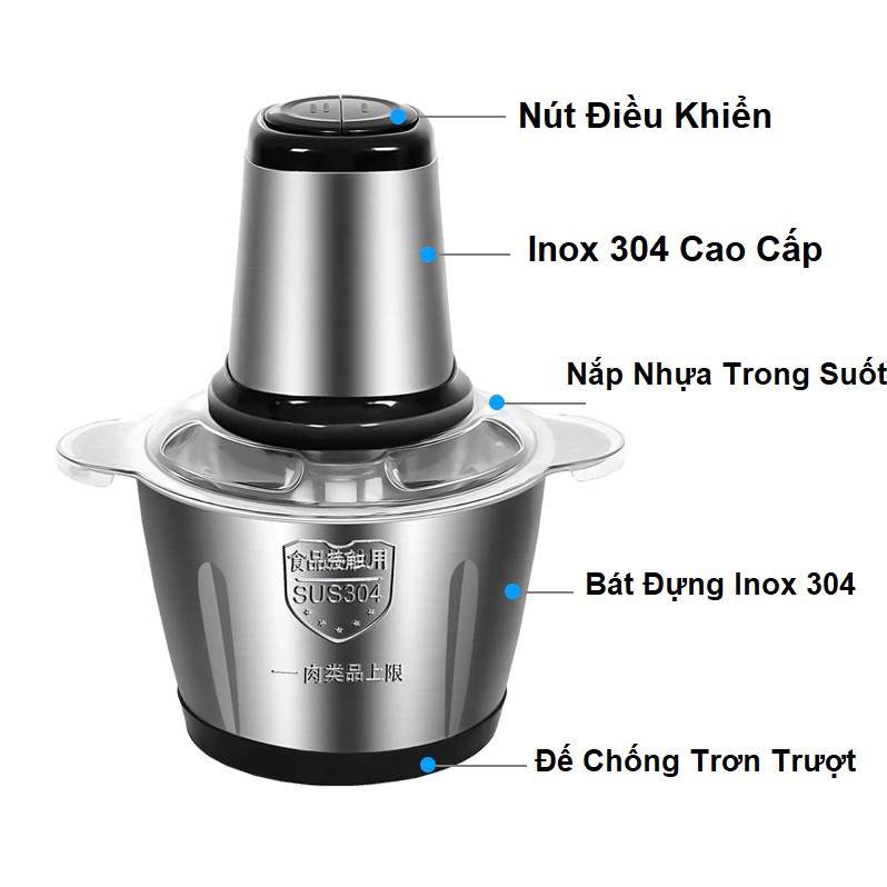 Máy Xay Thịt Inox, 2 Lít 4 Lưỡi Đa Năng, 2 Tốc Độ, Xay Thịt, Xay Tỏi Ớt, Xay Rau Củ Quả - Bảo Hành 12 Tháng