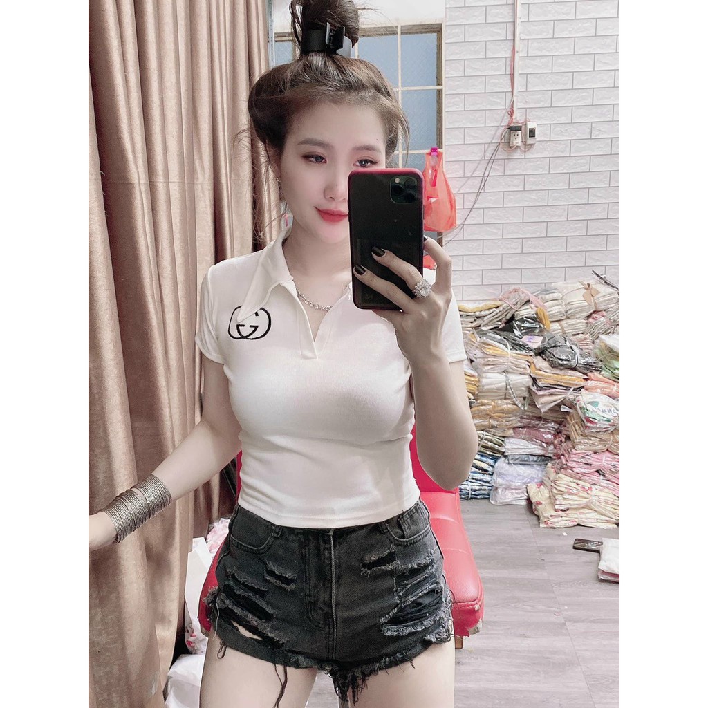 áo thun ôm body cổ bẻ thêu ngực xinh, ảnh thật, thun bozip mềm mịn