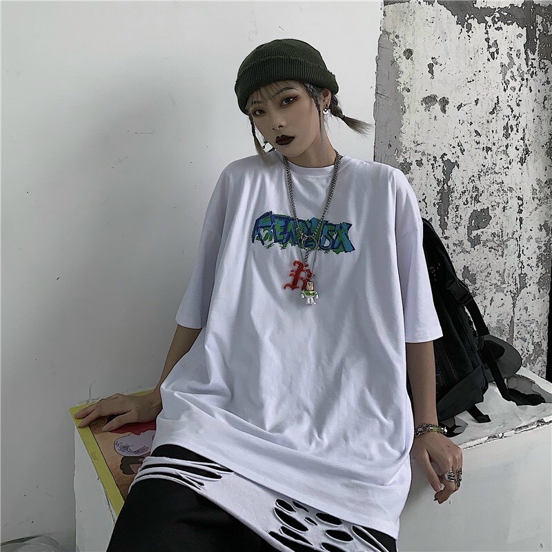 Áo Thun Unisex Form Rộng Tay Lỡ In Chữ Phong Cách Cá Tính