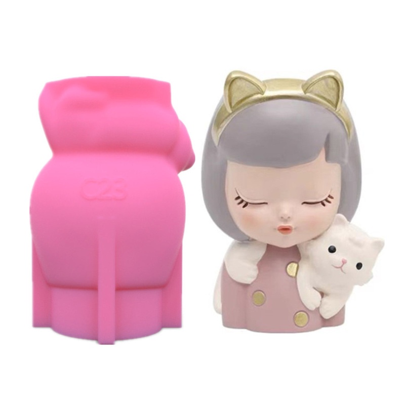 Khuôn silicon làm chậu cây mọng nước hình cô gái mèo dễ thương
