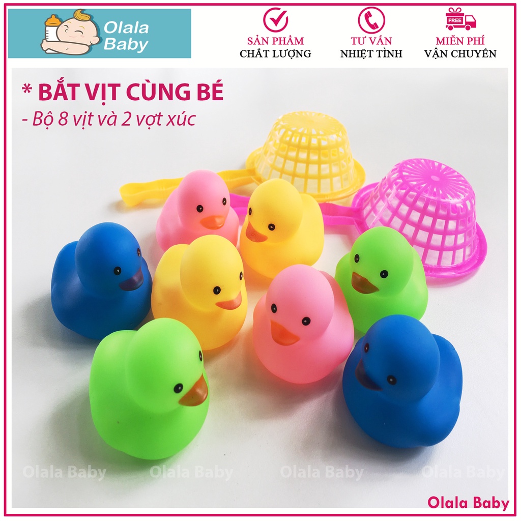 Đồ chơi nhà tắm - túi vịt con màu sắc kèm 2 vợt xúc, 08 vịt con bóp kêu chíp chíp [Olala Baby]