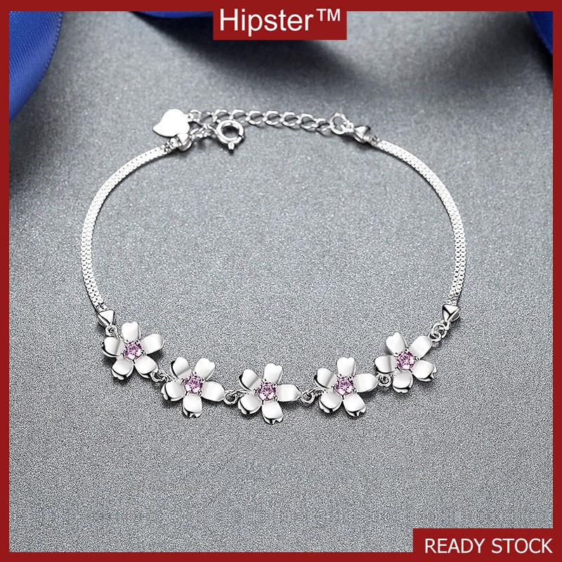 Mới 925 Mạ Bạc Trang Sức Hoa Anh Đào Vòng Tay Dát Hồng Kim Cương