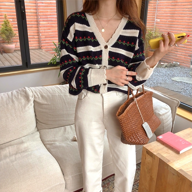 Áo Khoác cardigan Dệt Kim Họa Tiết Kẻ Sọc / Hoa Thời Trang Hàn Quốc Cho Nữ