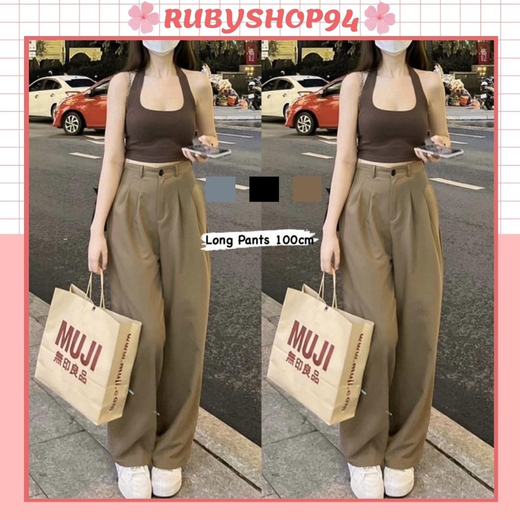 Quần ống rộng nữ ulzzang dáng dài 100cm lưng cao màu nâu tây choco Quần tây ống suông vải lụa hàn phong cách Hàn Quốc