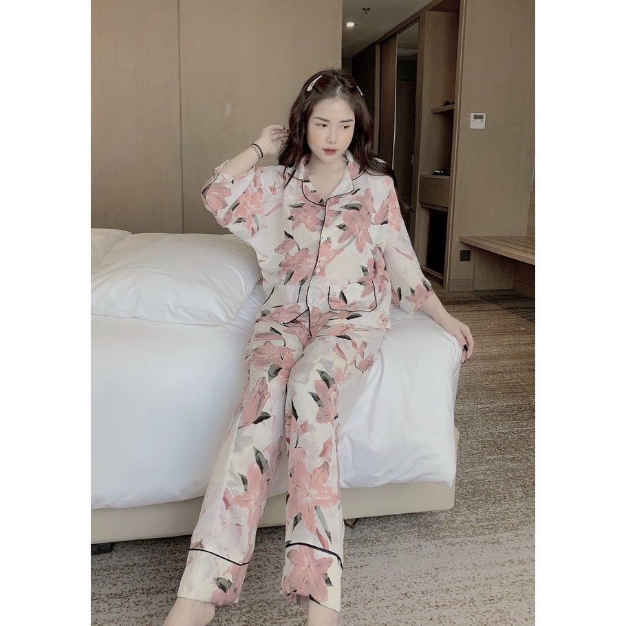 Đồ Bộ Pijama Dài Tay lụa mango, bộ pijama lụa mặc nhà mát mẻ freesize - Linqu Sleepwear