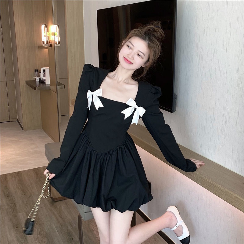 Đầm tay dài cổ thắt nơ phối màu tương phản phong cách Pháp ngọt ngào thời trang thu đông mới cho nữ 2021