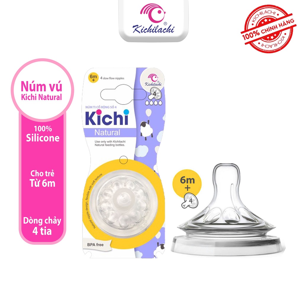 Núm Ti Kichilachi Natural, Núm Vú Silicone Cổ Rộng Cho Bé Sơ Sinh Mềm Mại