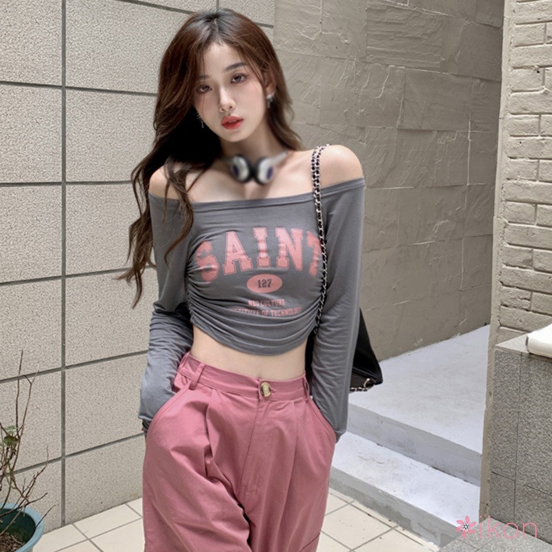 Áo Thun Tay Dài Hở Vai In Họa Tiết Phong Cách Hàn Quốc Thời Trang Cho Nữ