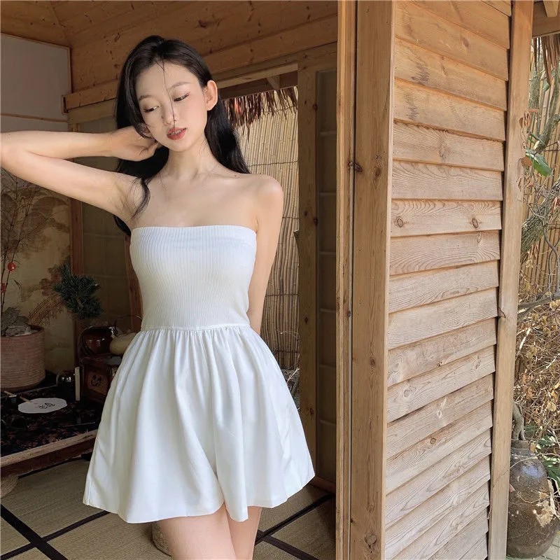 [MURIOKI] Đầm Mini Trễ Vai Eo Cao Màu Trắng Đen Phong Cách Hàn Quốc Gợi Cảm Cho Nữ