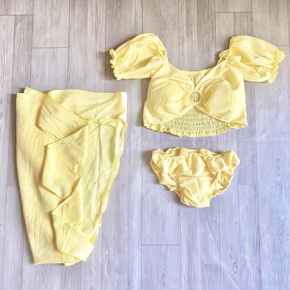 Bikini set 3 món, Đồ bơi đi biển tay bồng trễ vai phối khoen áo kèm khăn quấn mẫu mới 07-2022 (freesize 45-55 kg)