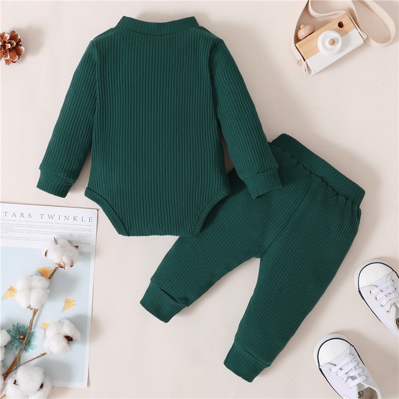 Bộ trang phục 2 món MIKRDOO gồm áo liền quần tay dài + quần cotton màu trơn thời trang cho bé trai sơ sinh