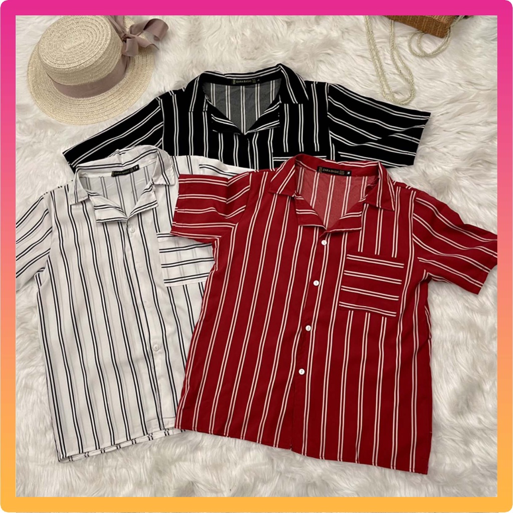 Áo sơ mi Nữ sọc tay ngắn cổ V hoạ tiết kẻ sọc hợp thời trang sơ mi nữ IVT Fashion ba màu ĐEN + ĐỎ + TRẮNG