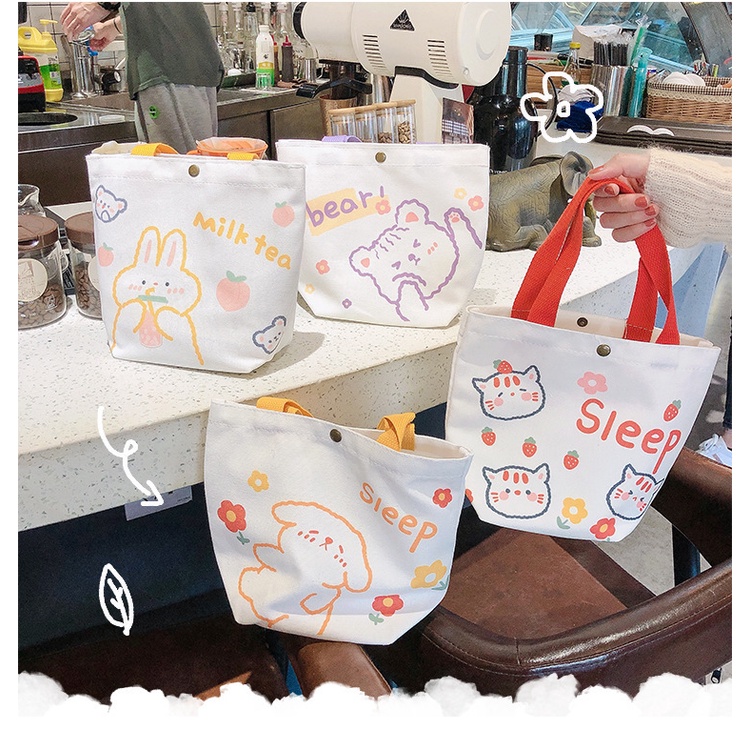 Túi Tote Mini Vải Canvas Họa Tiết Dễ Thương Phong Cách Hàn Quốc