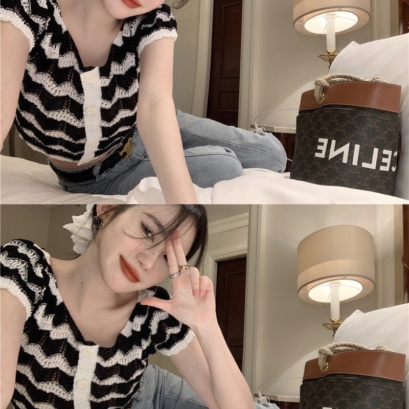 Áo cardigan croptop ZHELIHANGFEI dệt kim tay ngắn họa tiết kẻ sọc thời trang dành cho nữ