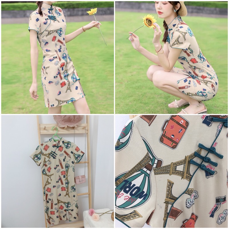 Đầm hoa sườn xám họa tiết trendy