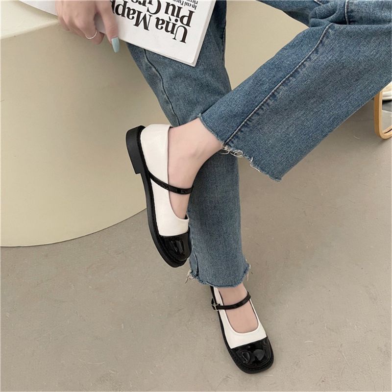 Giày bệt nữ da mềm hai màu, giày búp bê dây cài chất liệu mềm nhẹ thoải mái