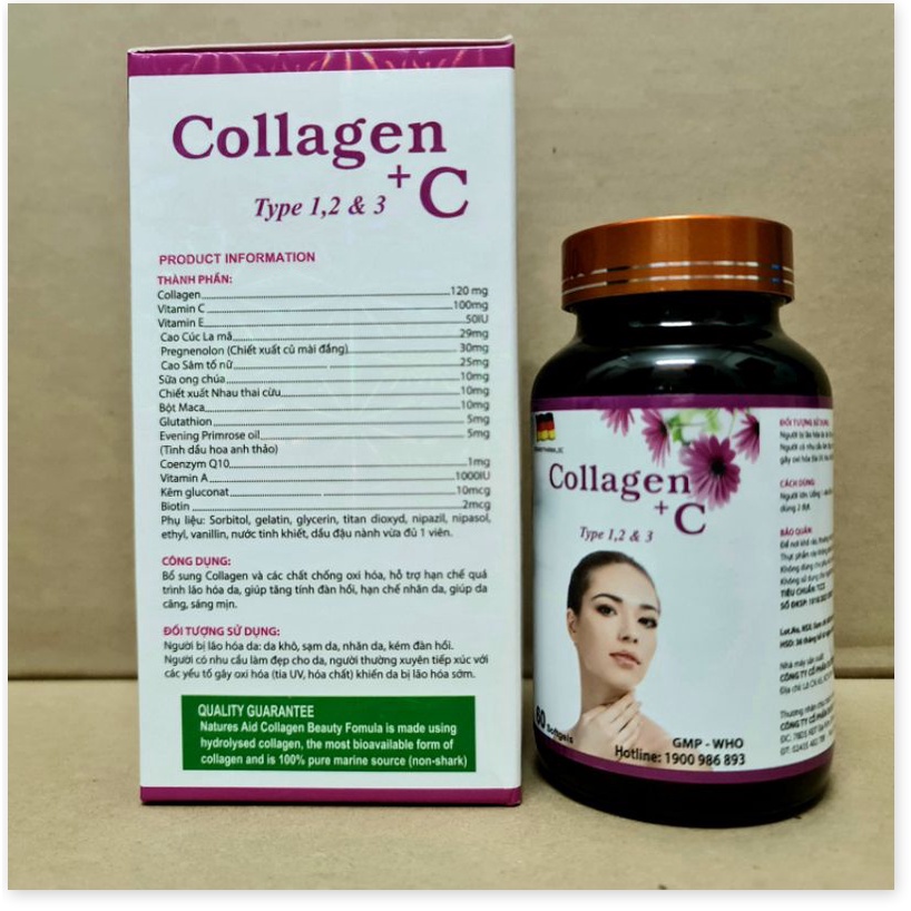 Collagen + C Type 1,2 & 3 giảm lão hóa làn da, giúp da trắng sáng căng mịn  - Hộp 60 viên
