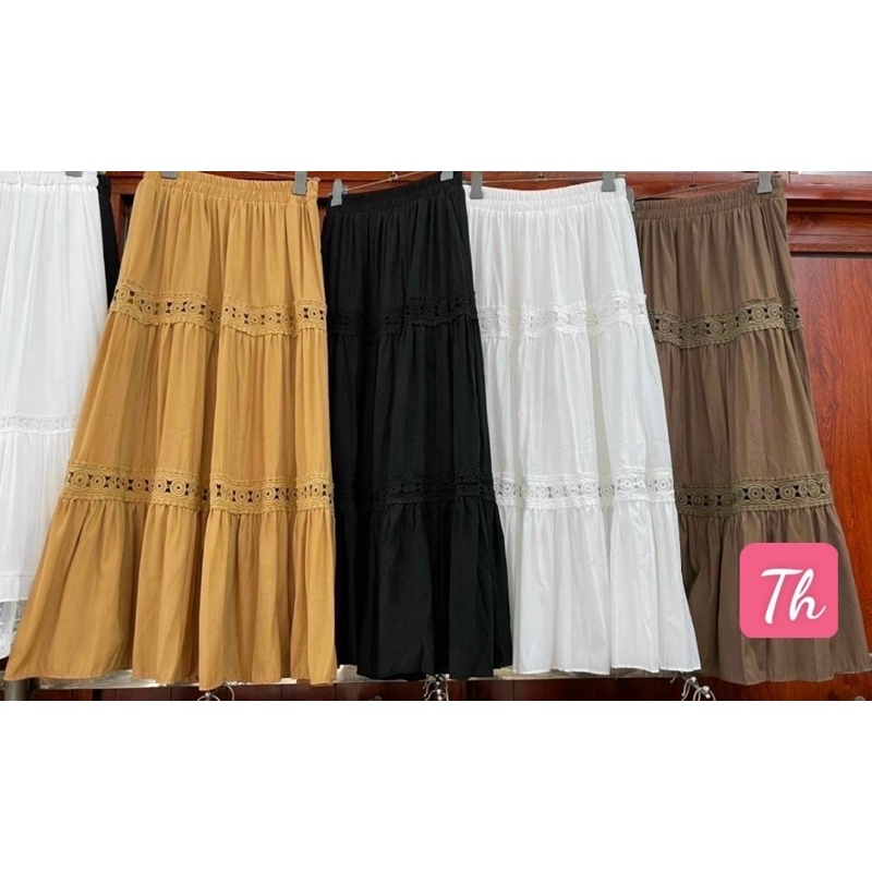Chân váy xoè lụa VINTAGE - chân váy tầng pha ren loại 1