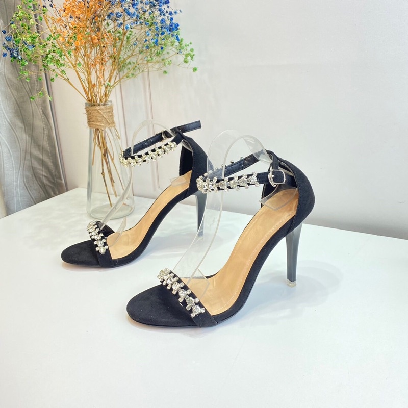 Giày nữ LUZI bít hậu, sandal cao gót quai ngang đính đá gót nhọn cao 9p [m49]