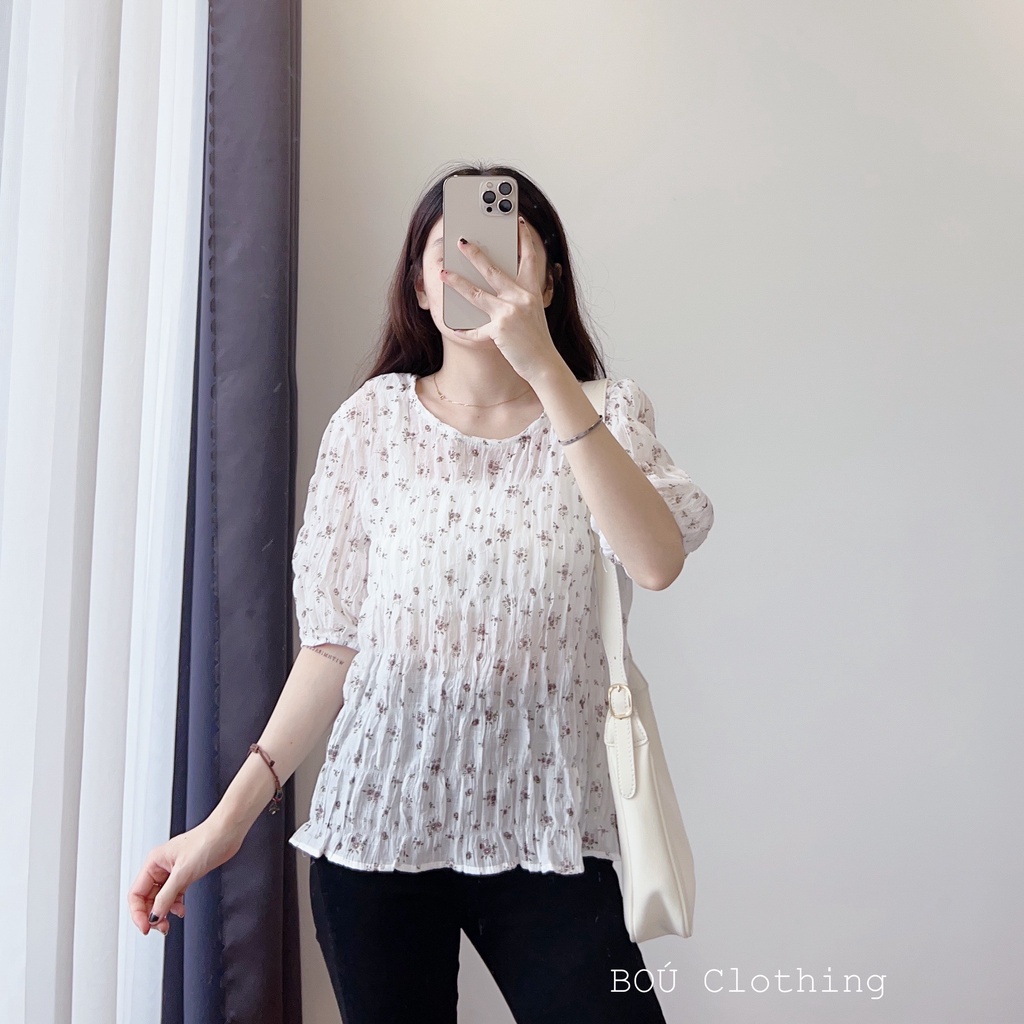 Áo kiểu nữ nhún hoa nhí (Ảnh thật)