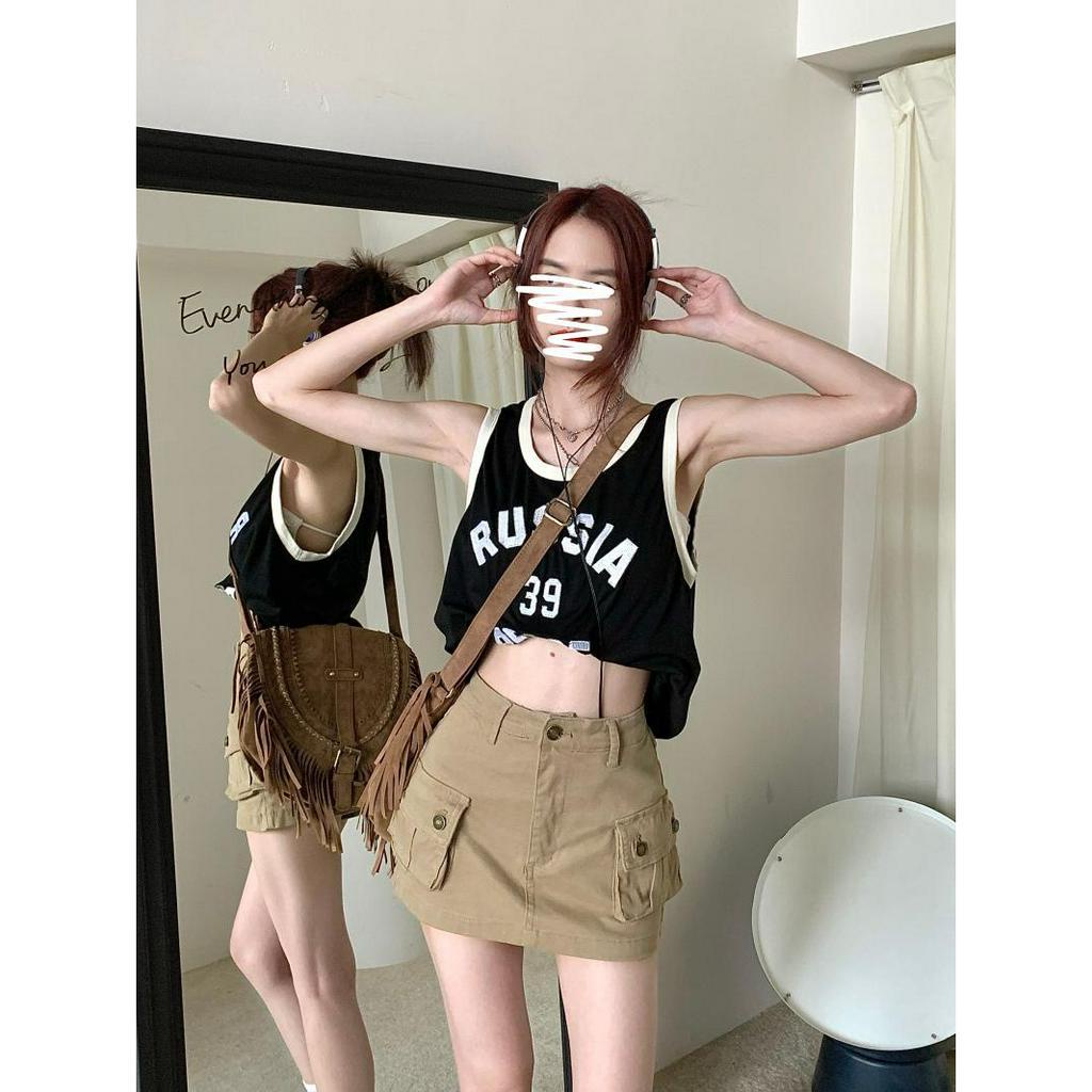 「MOTEL7」Váy Yếm Denim Ngắn Dáng Chữ A Lưng Cao Phong Cách Retro Mùa Hè Bán Chạy Dành Cho Bạn Gái