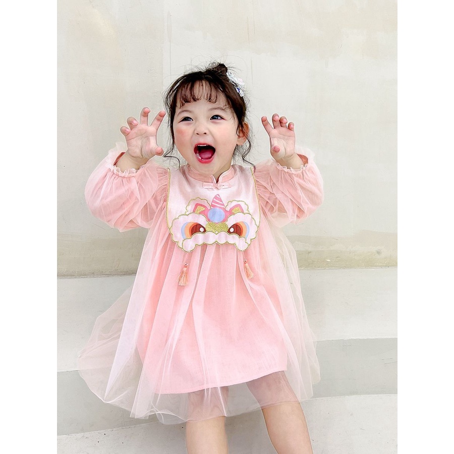 Đầm Công Chúa Hán Phục Tay Ngắn Phối Lưới In Hoạt Hình Kiểu Trung Hoa Thời Trang Mùa Hè 2022 Cho Bé Gái