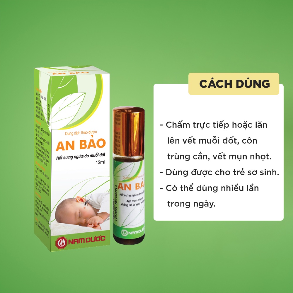 Dung dịch thảo dược An Bảo Nam Dược chai 12ml hỗ trợ giảm sưng ngứa do muỗi đốt, côn trùng cắn cho bé, trẻ sơ sinh