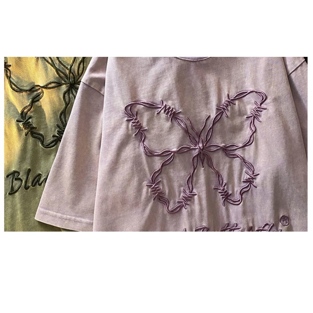 Áo thun OUKABUYI vải cotton tinh khiết tay ngắn họa tiết bướm thời trang 2022 dành cho nam và nữ/ cặp đôi