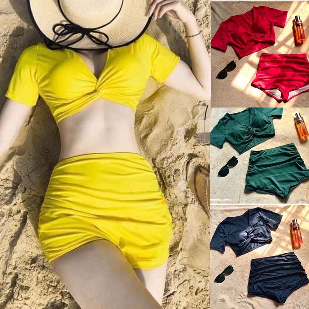 Bikini Đồ Bơi Nữ Hai Mảnh Quần Đùi Cạp Cao Áo Croptop Xoắn Ngực Tặng Kèm Mút Lót Ngực Tiện Lợi | QP001 | BigBuy360 - bigbuy360.vn