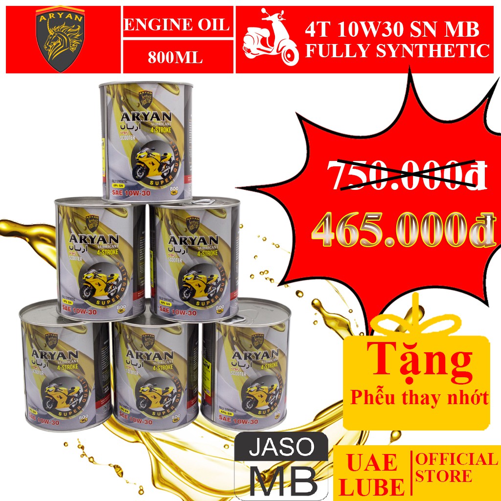 Combo 6 Lon Nhớt Tổng Hợp ARYAN 4T 10w30 800ml SN JASO MB - Hàng nhập khẩu UAE Dùng cho xe ga - ARYAN FULLY SYNTHETIC