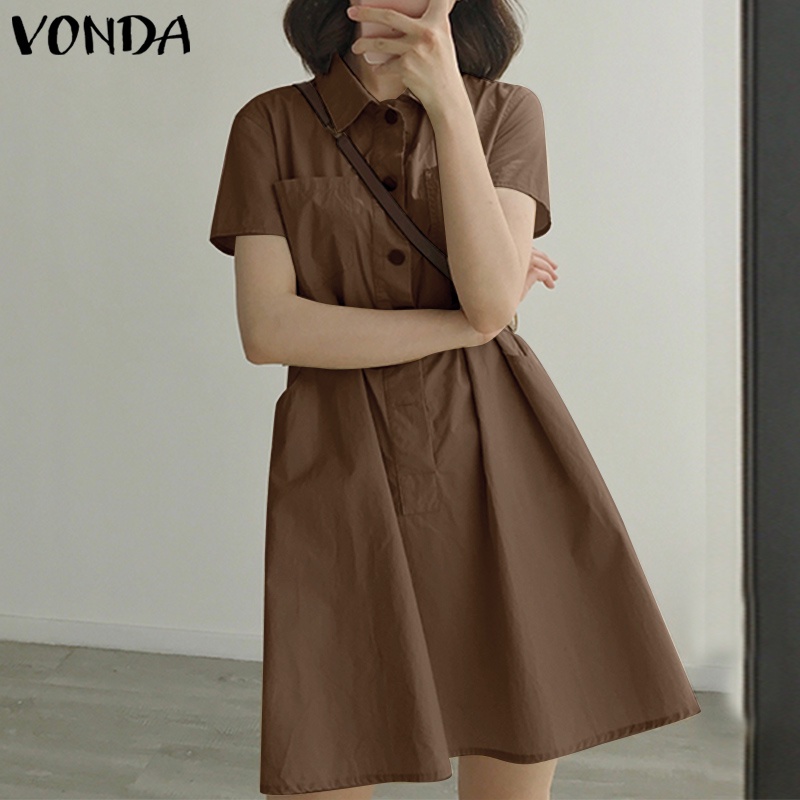 Đầm midi VONDA tay ngắn cổ bẻ màu trơn phong cách Hàn Quốc thời trang mùa hè cho nữ