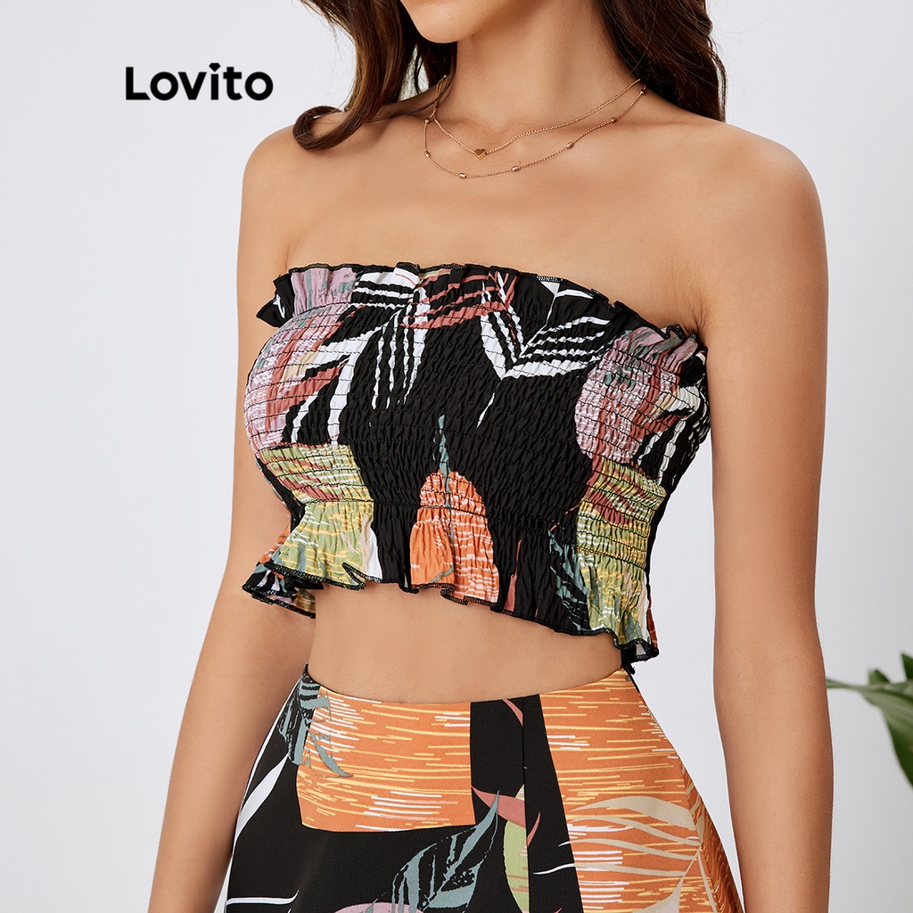 Lovito Bộ váy xẻ tà nhiệt đới Boho L24LD109 (Đen)