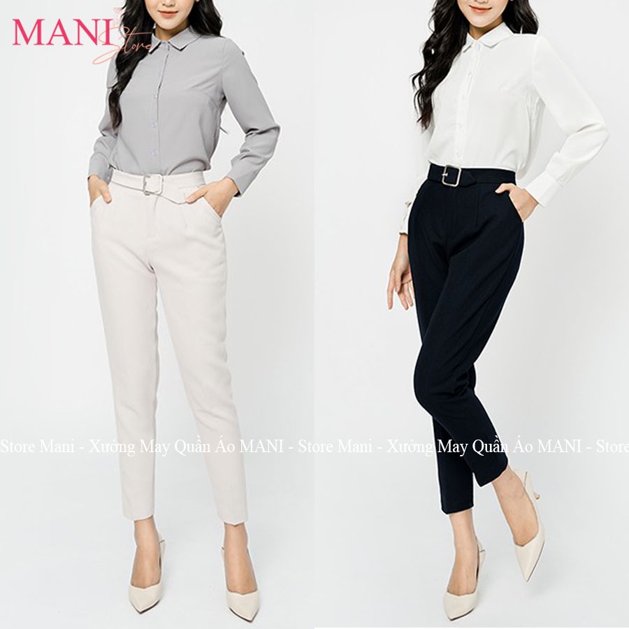 Quần baggy vải nữ kèm đai vuông sắt cúc bấm lệch cạp lưng cao màu đen xanh than mặc đi học làm công sở