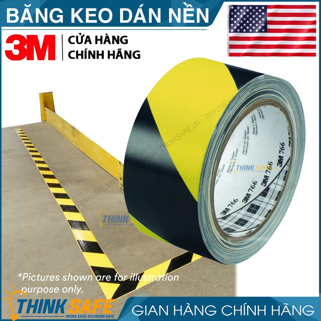 Băng keo cảnh báo dán nền 3M 766 màu vàng sọc đen chuyên dùng dán nền cảnh báo cho nhà xưởng tủ điện - Thinksafe